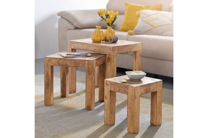 Sofabord Wohnling Sett med 3 bord i heltre, 4 bein, landlig stil Akasie - Akasie - Møbler - Bord - Avlastningsbord - Settbord