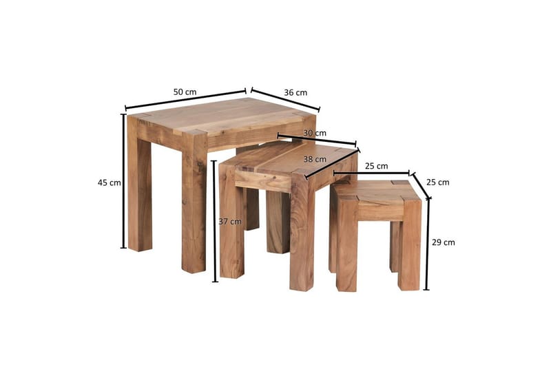 Sofabord Wohnling Sett med 3 bord i heltre, 4 bein, landlig stil Akasie - Akasie - Møbler - Bord - Avlastningsbord - Settbord