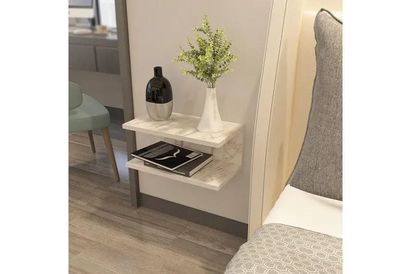 Torvic Veggmontert Nattbord 45 cm med Marmorutseende, Oppbevaring med Hylle - Hvit - Møbler - Bord - Avlastningsbord - Sengebord & nattbord