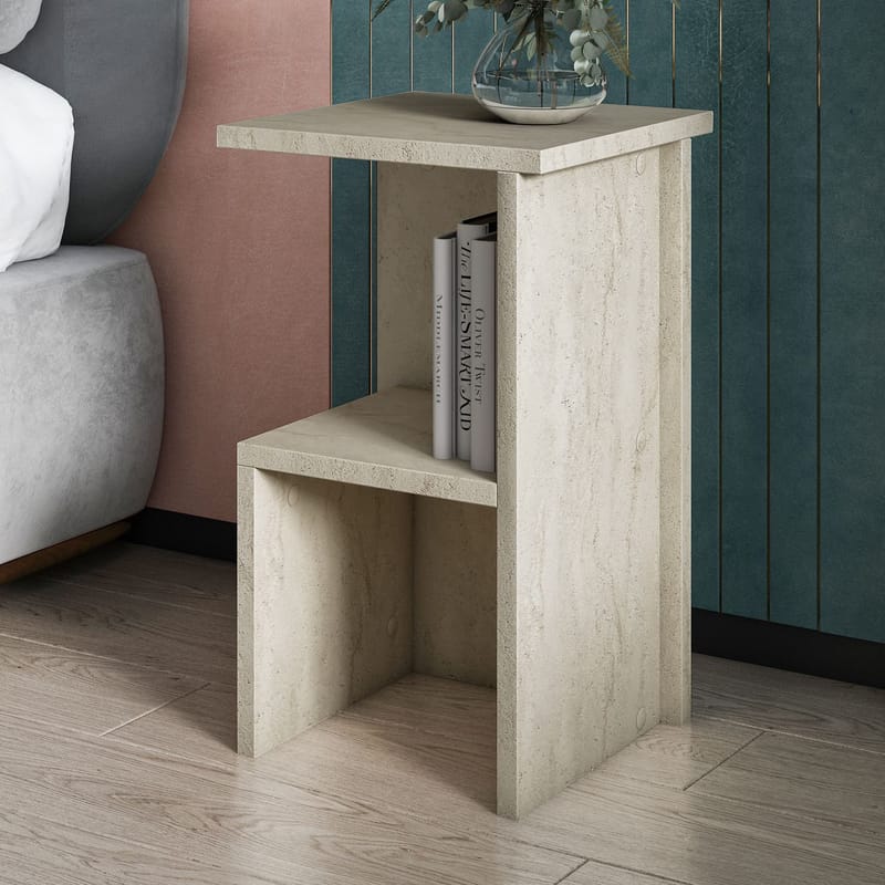 Tunel Nattbord 30 cm med Travertinutseende, Oppbevaring med Hylle - Beige - Møbler - Bord - Avlastningsbord - Sengebord & nattbord