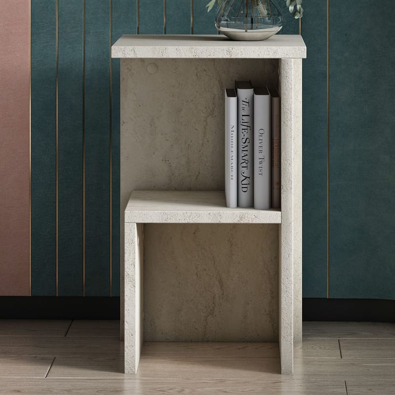 Tunel Nattbord 30 cm med Travertinutseende, Oppbevaring med Hylle - Beige - Møbler - Bord - Avlastningsbord - Sengebord & nattbord