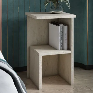Tunel Nattbord 30 cm med Travertinutseende, Oppbevaring med Hylle - Beige - Møbler - Bord - Avlastningsbord - Sengebord & nattbord
