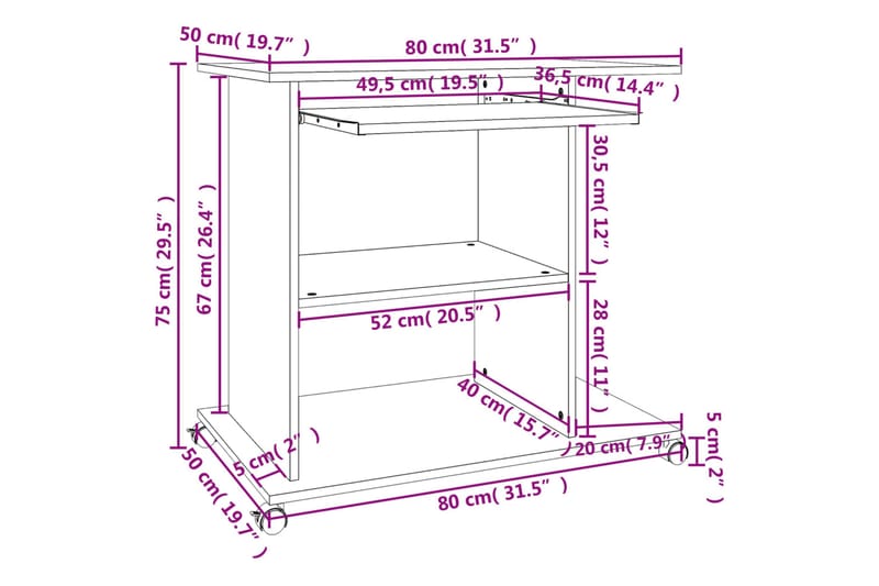 beBasic Databord brun eik 80x50x75 cm konstruert tre - Brun - Skrivebord