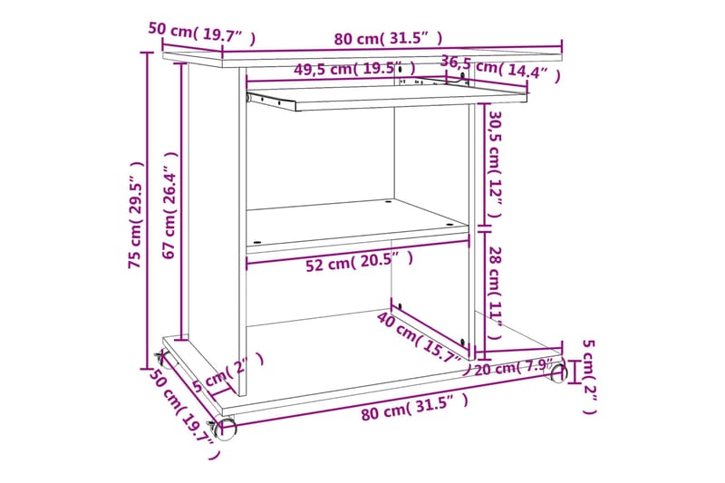 beBasic Databord røkt eik 80x50x75 cm konstruert tre - Brun - Skrivebord