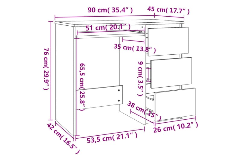 beBasic Skrivebord brun eik 90x45x76 cm konstruert tre - Brun - Møbler - Bord - Kontorbord - Skrivebord