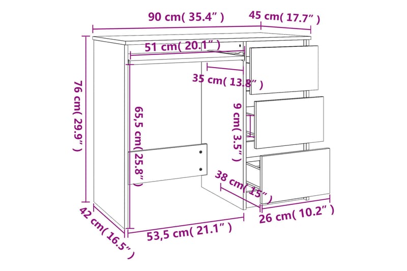 beBasic Skrivebord brun eik 90x45x76 cm konstruert tre - Brun - Skrivebord