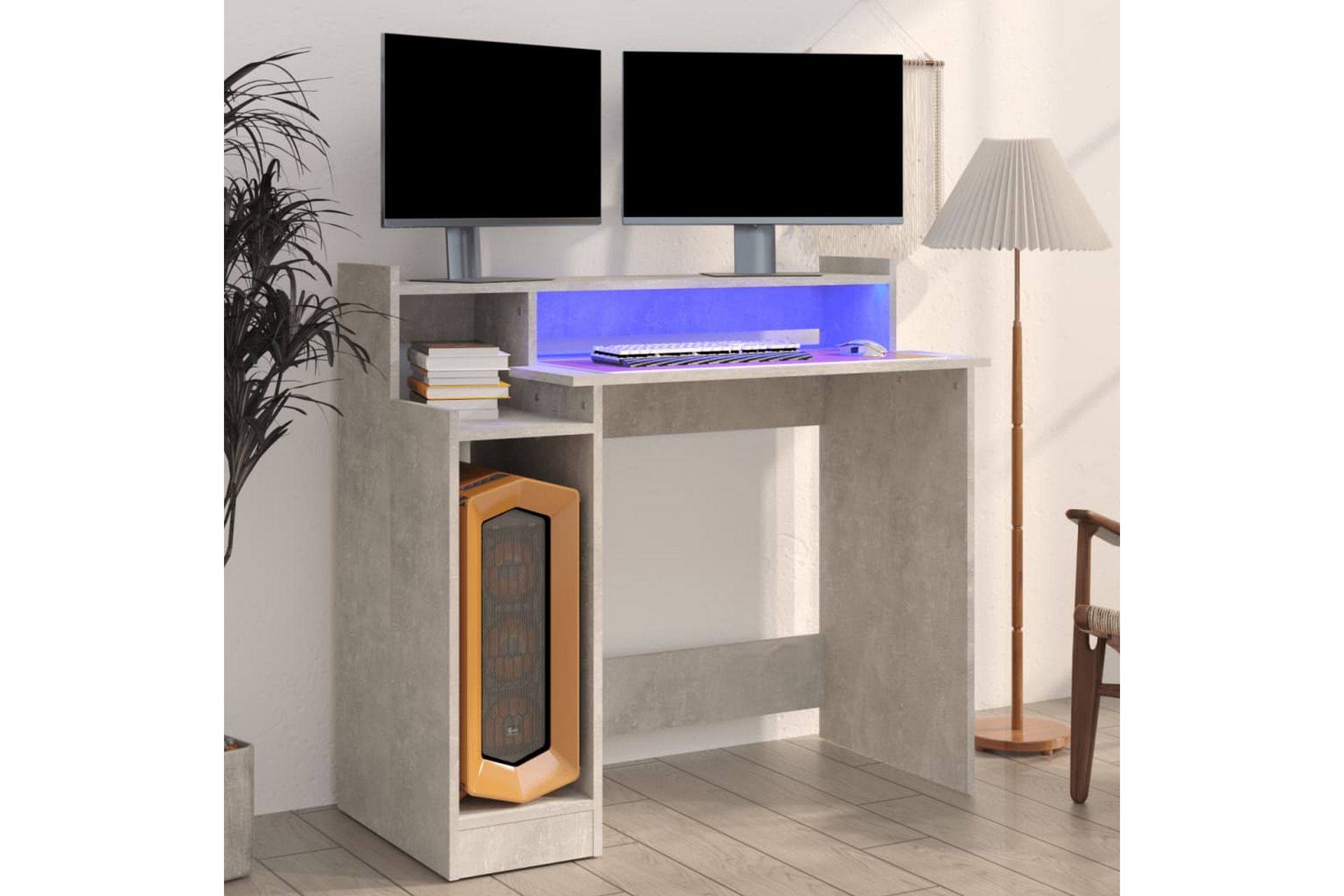 beBasic Skrivebord med LED-lys betonggrå 97x90x45 cm konstruert tre - GrÃ¥ - Møbler - Bord - Kontorbord - Skrivebord