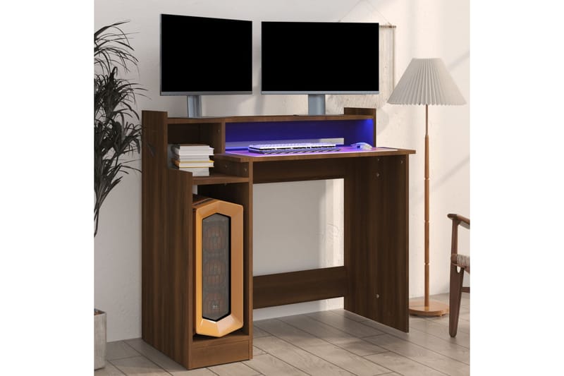 beBasic Skrivebord med LED-lys brun eik 97x90x45 cm konstruert tre - Brun - Møbler - Bord - Kontorbord - Skrivebord