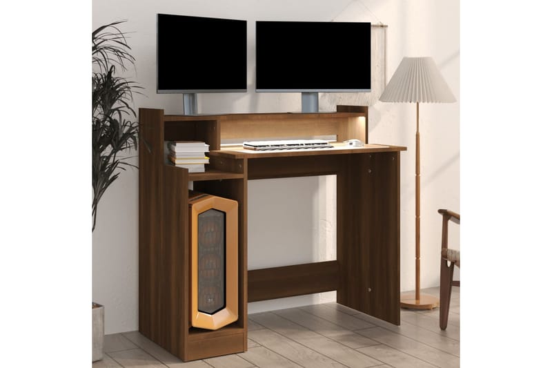 beBasic Skrivebord med LED-lys brun eik 97x90x45 cm konstruert tre - Brun - Møbler - Bord - Kontorbord - Skrivebord