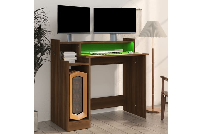beBasic Skrivebord med LED-lys brun eik 97x90x45 cm konstruert tre - Brun - Møbler - Bord - Kontorbord - Skrivebord