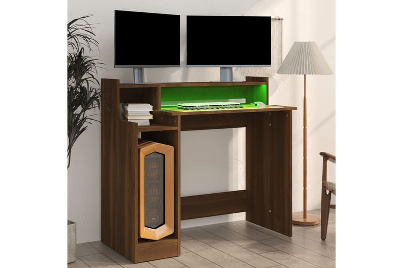 beBasic Skrivebord med LED-lys brun eik 97x90x45 cm konstruert tre - Brun - Skrivebord