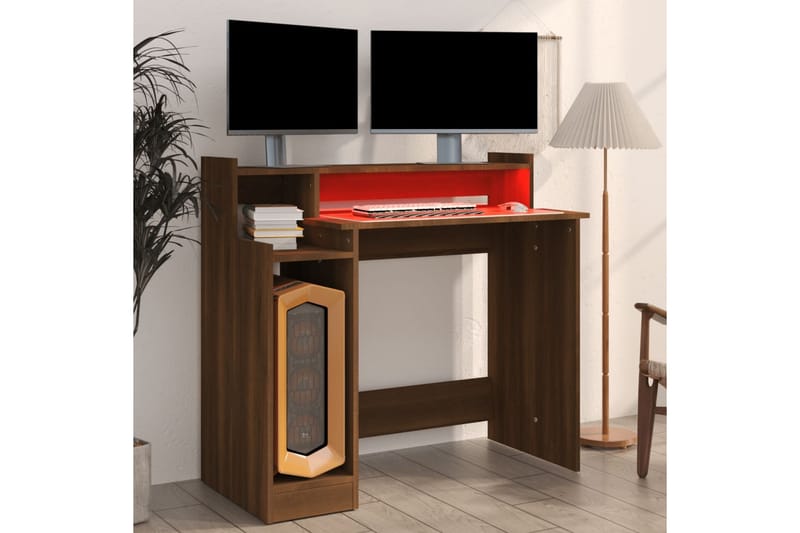 beBasic Skrivebord med LED-lys brun eik 97x90x45 cm konstruert tre - Brun - Møbler - Bord - Kontorbord - Skrivebord