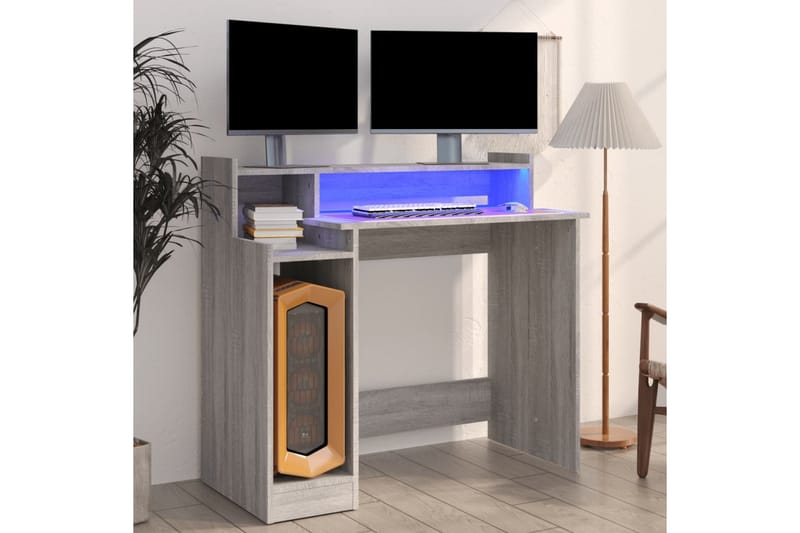 beBasic Skrivebord med LED-lys grå sonoma 97x90x45 cm konstruert tre - GrÃ¥ - Møbler - Bord - Kontorbord - Skrivebord