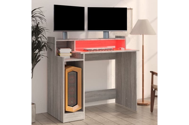 beBasic Skrivebord med LED-lys grå sonoma 97x90x45 cm konstruert tre - GrÃ¥ - Møbler - Bord - Kontorbord - Skrivebord