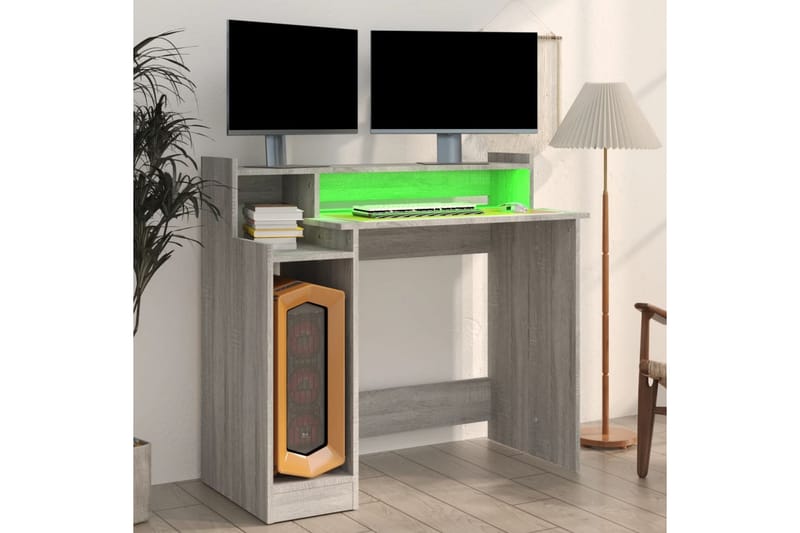 beBasic Skrivebord med LED-lys grå sonoma 97x90x45 cm konstruert tre - GrÃ¥ - Møbler - Bord - Kontorbord - Skrivebord