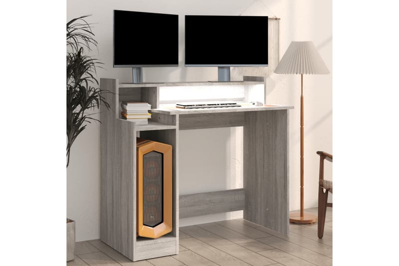 beBasic Skrivebord med LED-lys grå sonoma 97x90x45 cm konstruert tre - GrÃ¥ - Møbler - Bord - Kontorbord - Skrivebord