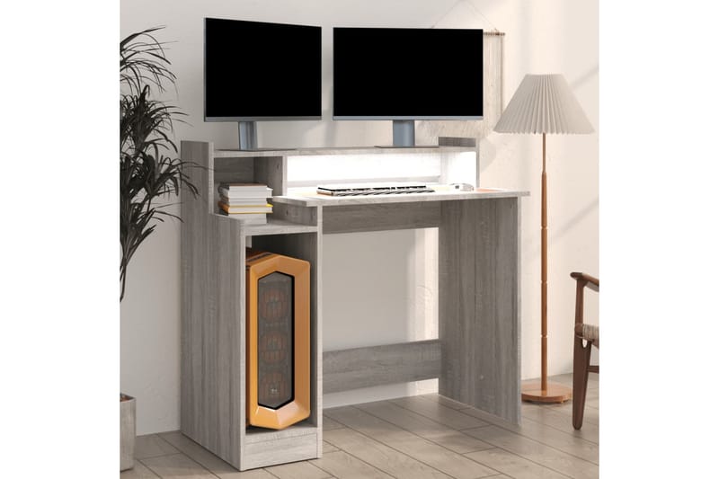 beBasic Skrivebord med LED-lys grå sonoma 97x90x45 cm konstruert tre - GrÃ¥ - Skrivebord