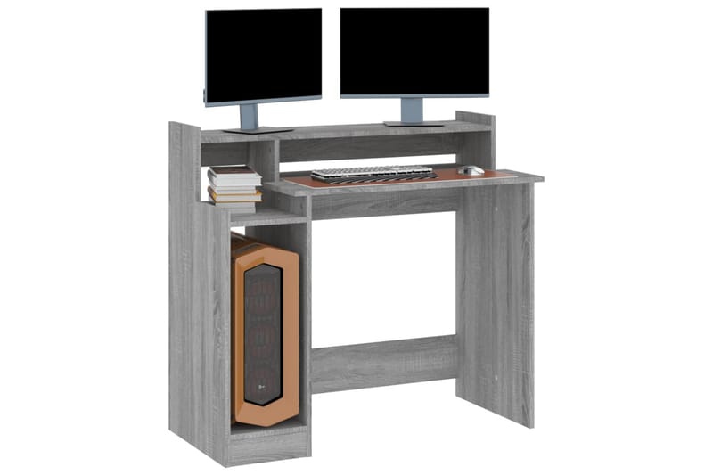 beBasic Skrivebord med LED-lys grå sonoma 97x90x45 cm konstruert tre - GrÃ¥ - Møbler - Bord - Kontorbord - Skrivebord