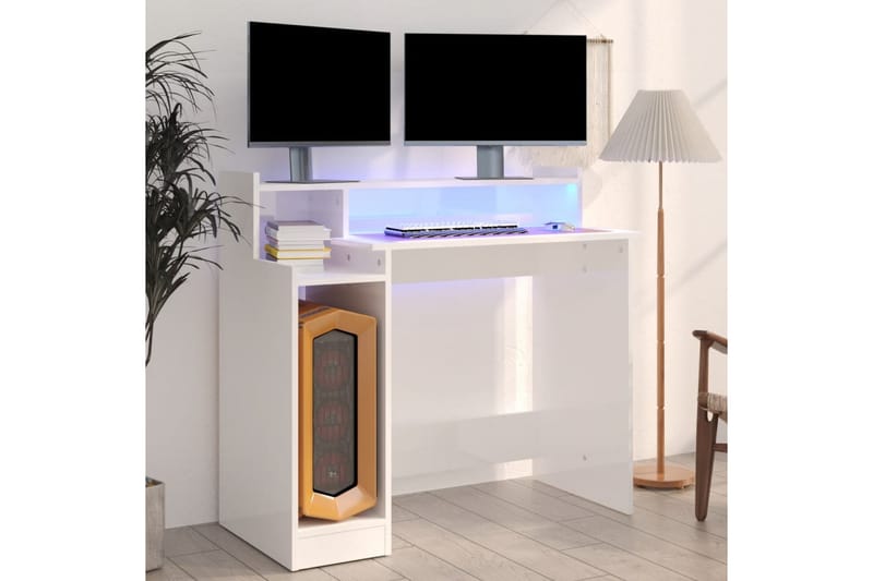 beBasic Skrivebord med LED-lys høyglans hvit 97x90x45 cm konstruert tre - Hvit - Møbler - Bord - Kontorbord - Skrivebord