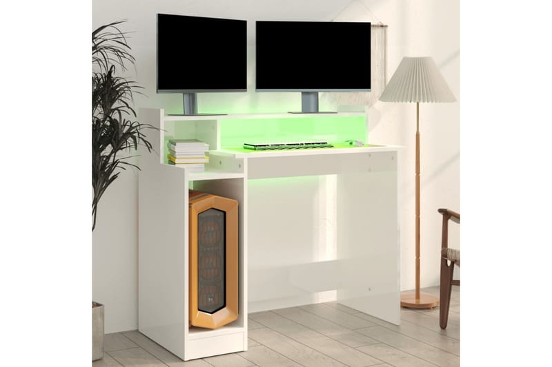 beBasic Skrivebord med LED-lys høyglans hvit 97x90x45 cm konstruert tre - Hvit - Møbler - Bord - Kontorbord - Skrivebord