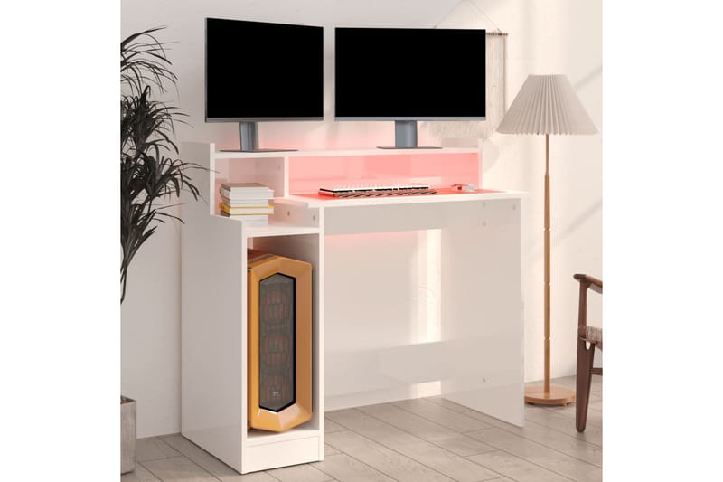 beBasic Skrivebord med LED-lys høyglans hvit 97x90x45 cm konstruert tre - Hvit - Møbler - Bord - Kontorbord - Skrivebord