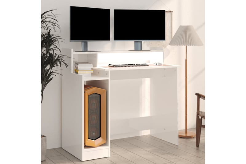 beBasic Skrivebord med LED-lys høyglans hvit 97x90x45 cm konstruert tre - Hvit - Møbler - Bord - Kontorbord - Skrivebord