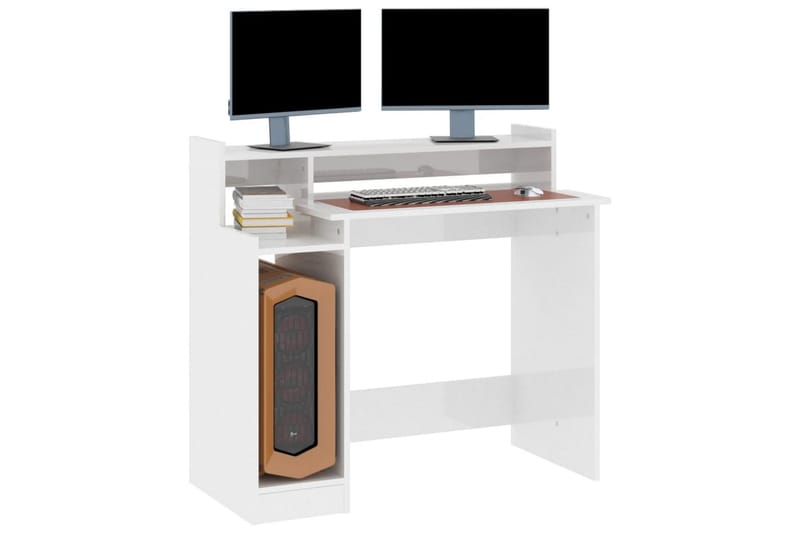 beBasic Skrivebord med LED-lys høyglans hvit 97x90x45 cm konstruert tre - Hvit - M�øbler - Bord - Kontorbord - Skrivebord