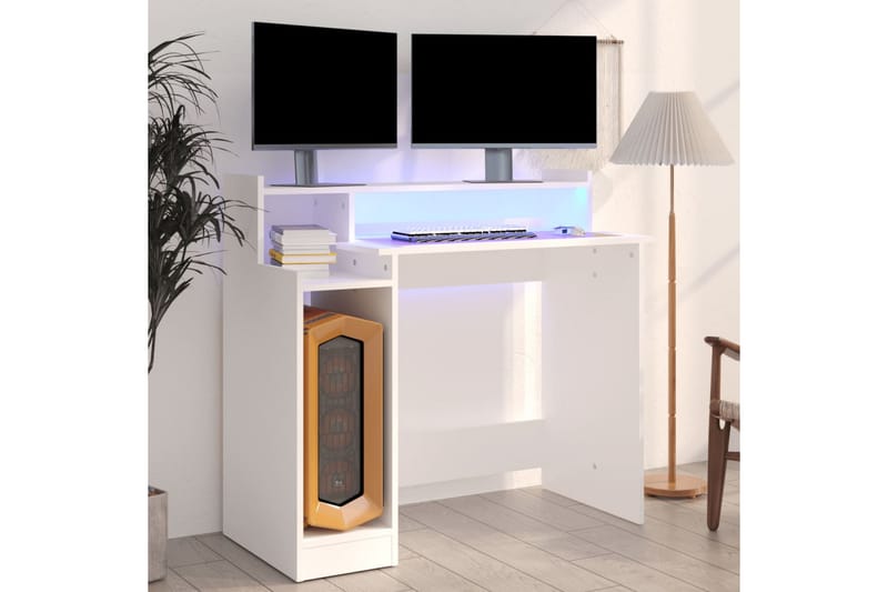 beBasic Skrivebord med LED-lys hvit 97x90x45 cm konstruert tre - Hvit - Møbler - Bord - Kontorbord - Skrivebord