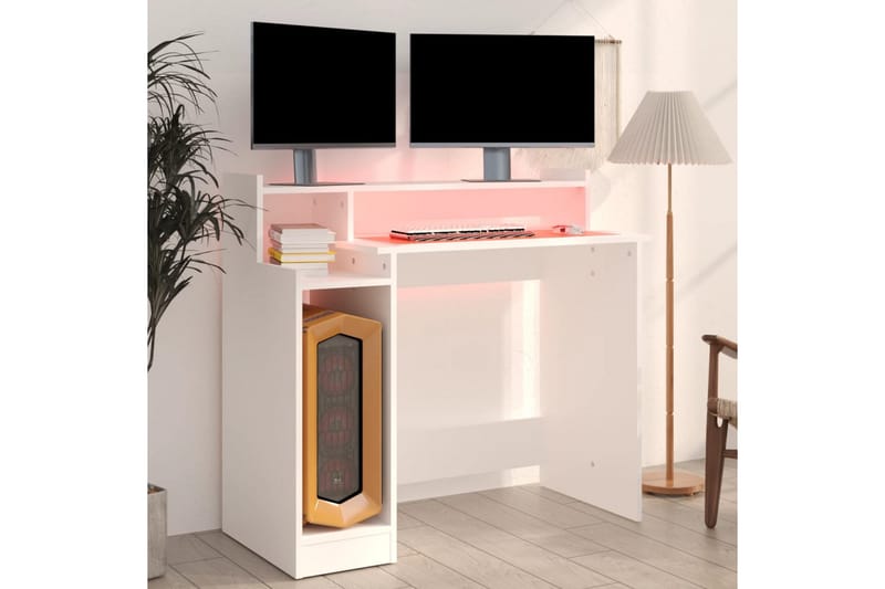 beBasic Skrivebord med LED-lys hvit 97x90x45 cm konstruert tre - Hvit - Møbler - Bord - Kontorbord - Skrivebord