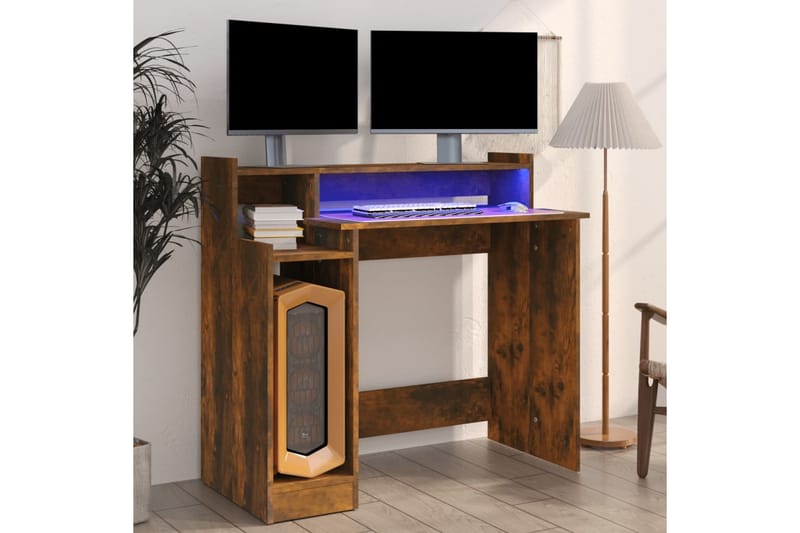 beBasic Skrivebord med LED-lys røkt eik 97x90x45 cm konstruert tre - Brun - Møbler - Bord - Kontorbord - Skrivebord