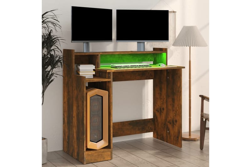 beBasic Skrivebord med LED-lys røkt eik 97x90x45 cm konstruert tre - Brun - Møbler - Bord - Kontorbord - Skrivebord