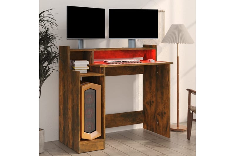 beBasic Skrivebord med LED-lys røkt eik 97x90x45 cm konstruert tre - Brun - Møbler - Bord - Kontorbord - Skrivebord