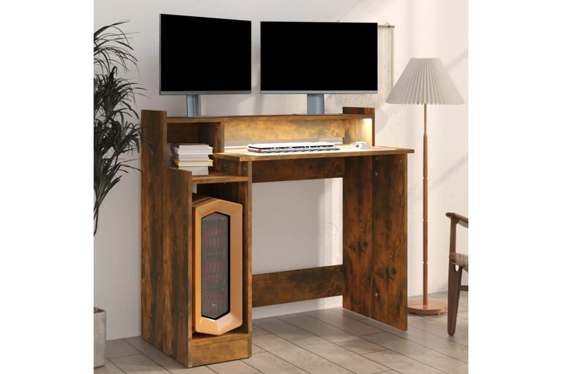 beBasic Skrivebord med LED-lys røkt eik 97x90x45 cm konstruert tre - Brun - Møbler - Bord - Kontorbord - Skrivebord