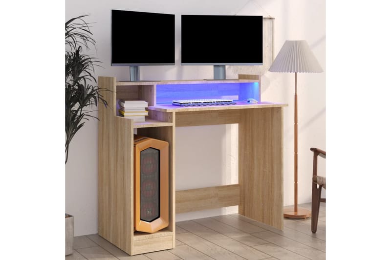 beBasic Skrivebord med LED-lys sonoma eik 97x90x45 cm konstruert tre - Brun - Møbler - Bord - Kontorbord - Skrivebord