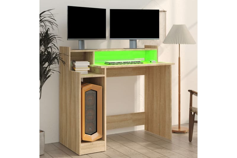 beBasic Skrivebord med LED-lys sonoma eik 97x90x45 cm konstruert tre - Brun - Møbler - Bord - Kontorbord - Skrivebord