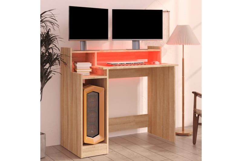 beBasic Skrivebord med LED-lys sonoma eik 97x90x45 cm konstruert tre - Brun - Møbler - Bord - Kontorbord - Skrivebord