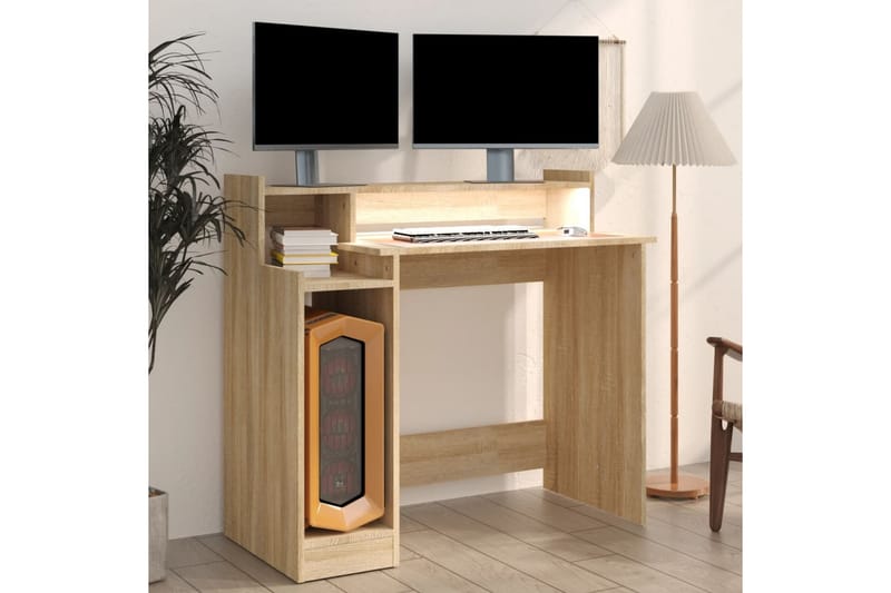 beBasic Skrivebord med LED-lys sonoma eik 97x90x45 cm konstruert tre - Brun - Møbler - Bord - Kontorbord - Skrivebord