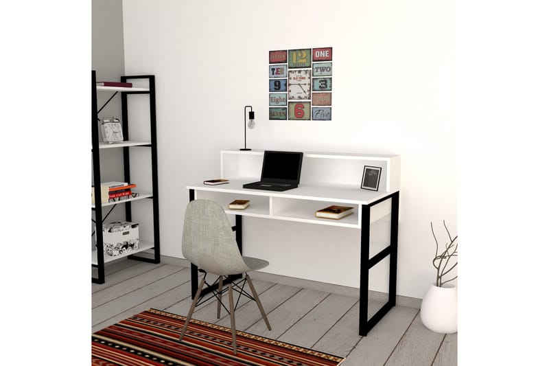 Dengeze Skrivebord 120 cm med Oppbevaring Hyller - Hvit/Svart - Skrivebord