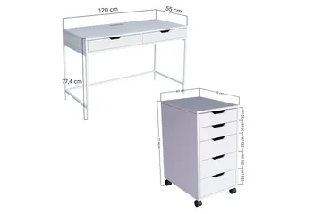 Durusu Skrivebord 120 cm med Skuffer og Hjul i Malt Tre - Hvit - Møbler - Bord - Kontorbord - Skrivebord