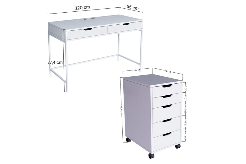 Durusu Skrivebord 120 cm med Skuffer og Hjul i Malt Tre - Hvit - Møbler - Bord - Kontorbord - Skrivebord