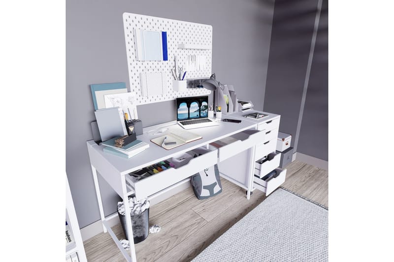 Durusu Skrivebord 120 cm med Skuffer og Hjul i Malt Tre - Hvit - Møbler - Bord - Kontorbord - Skrivebord