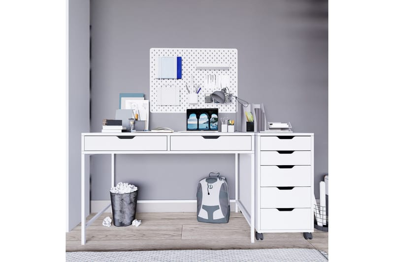 Durusu Skrivebord 120 cm med Skuffer og Hjul i Malt Tre - Hvit - Møbler - Bord - Kontorbord - Skrivebord