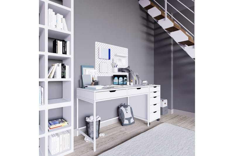 Durusu Skrivebord 120 cm med Skuffer og Hjul i Malt Tre - Hvit - Møbler - Bord - Kontorbord - Skrivebord