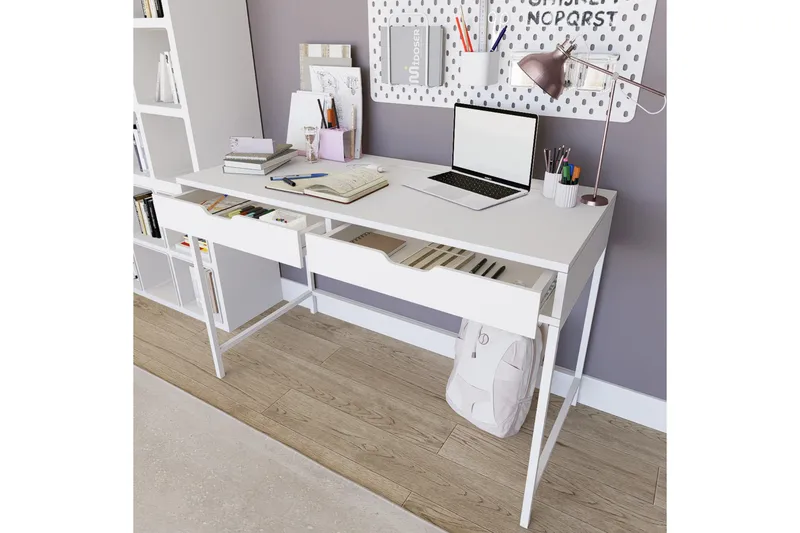 Durusu Skrivebord 55x120 cm med Skuffer i Tre med Metallstativ - Hvit - Møbler - Bord - Kontorbord - Skrivebord
