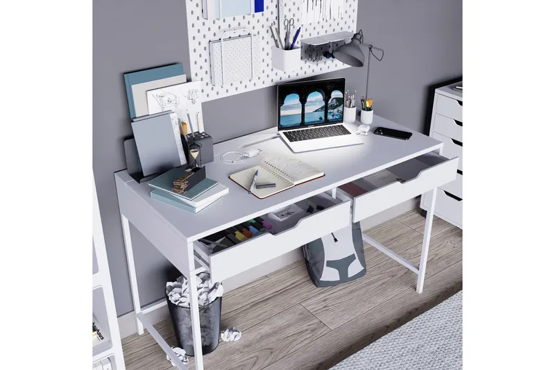 Durusu Skrivebord 55x120 cm med Skuffer i Tre med Metallstativ - Hvit - Møbler - Bord - Kontorbord - Skrivebord