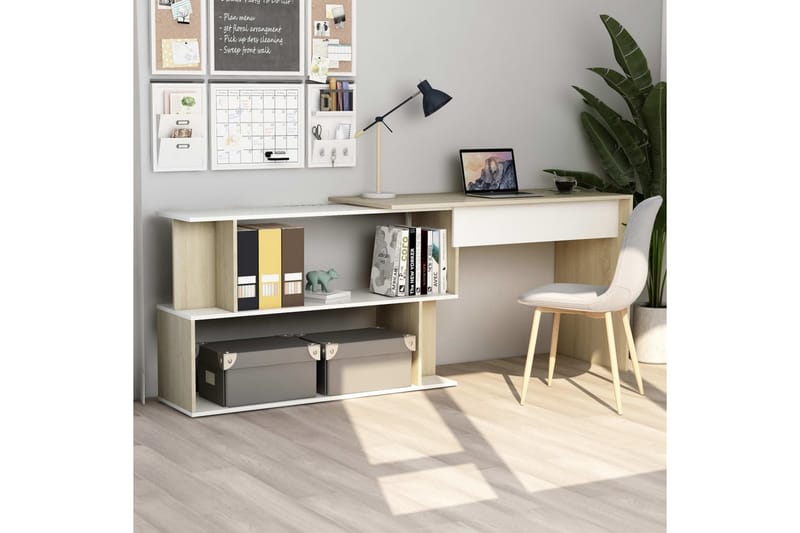 Hjørneskrivebord hvit og sonoma eik 200x50x76 cm sponplate - Beige - Skrivebord