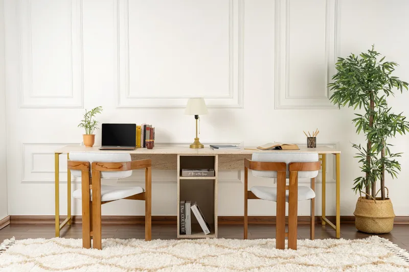 Hu Skrivebord 60x240 cm - Beige/Gull - Møbler - Bord - Kontorbord - Skrivebord