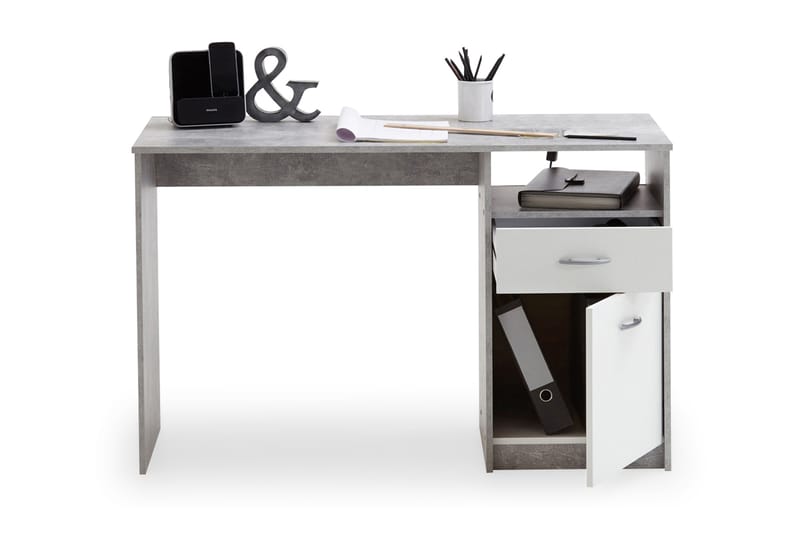 Jackson Skrivebord 123 cm med Oppbevaring Skuff + Skap + Hyl - Betonggrå/Hvit - Skrivebord