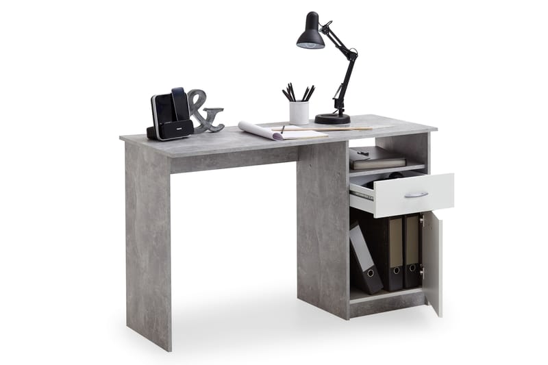 Jackson Skrivebord 123 cm med Oppbevaring Skuff + Skap + Hyl - Betonggrå/Hvit - Skrivebord
