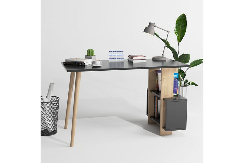 Keachi Side Skrivebord 120 cm med Oppbevaring Hyller - Antrasitt/Natur/Brun - Skrivebord